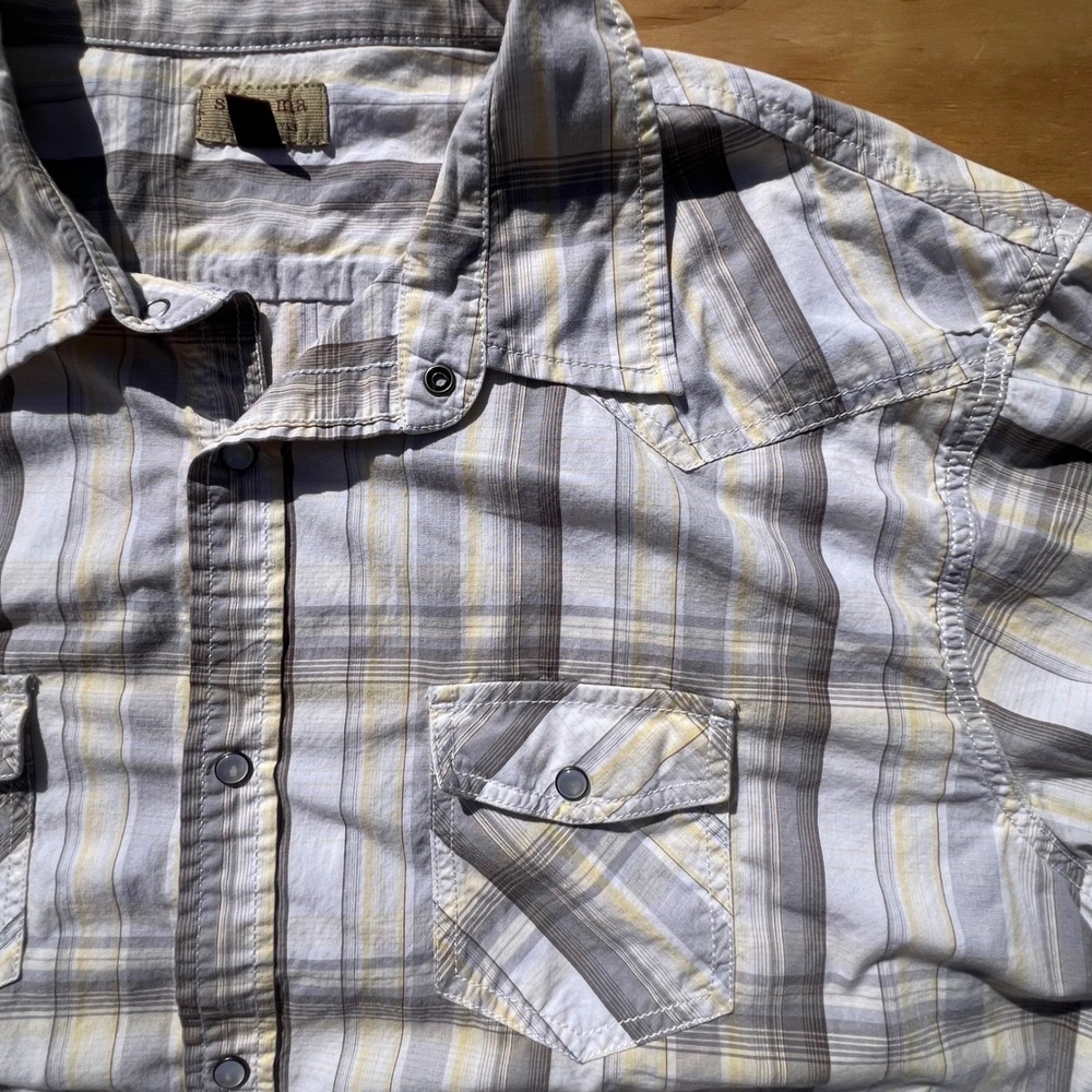 Sonoma Mens XXL Plaid Western Pearl Snap Shirt Short Sleeve Grey Yellow Casual